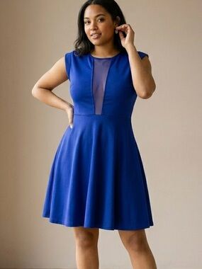 Royal Blue Fit and Flare Dress Sheer Mesh Panel V Neck Sleeveless Size XS